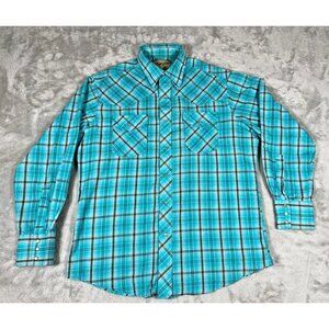 Wrangler Mens Pearl Snap Shirt Size XXL Blue Teal Plaid Long Sleeve Western